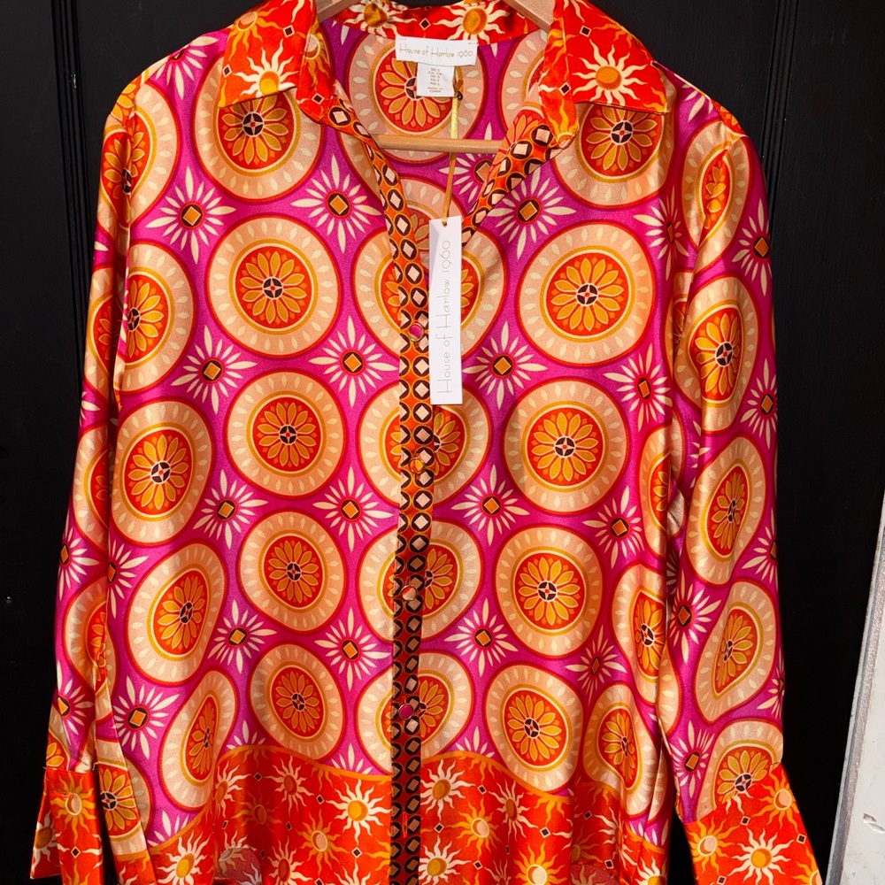 House of Harlow 1960 Bold Retro Psychedelic Print Button-Up Blouse Shirt S NWT